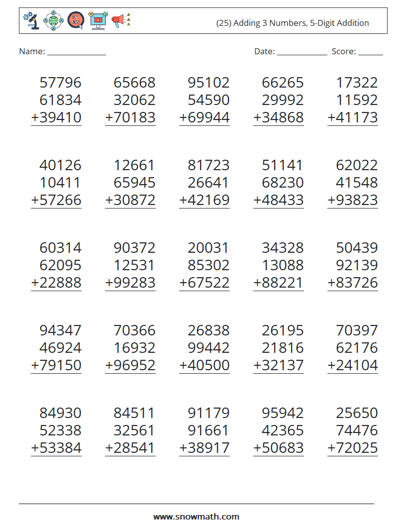 (25) Adding 3 Numbers, 5-Digit Addition Math Worksheets 10