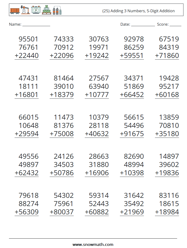 (25) Adding 3 Numbers, 5-Digit Addition Math Worksheets 11