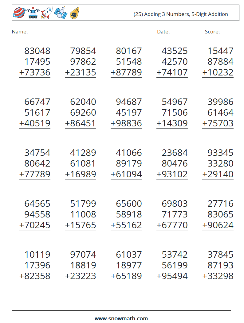 (25) Adding 3 Numbers, 5-Digit Addition Math Worksheets 12