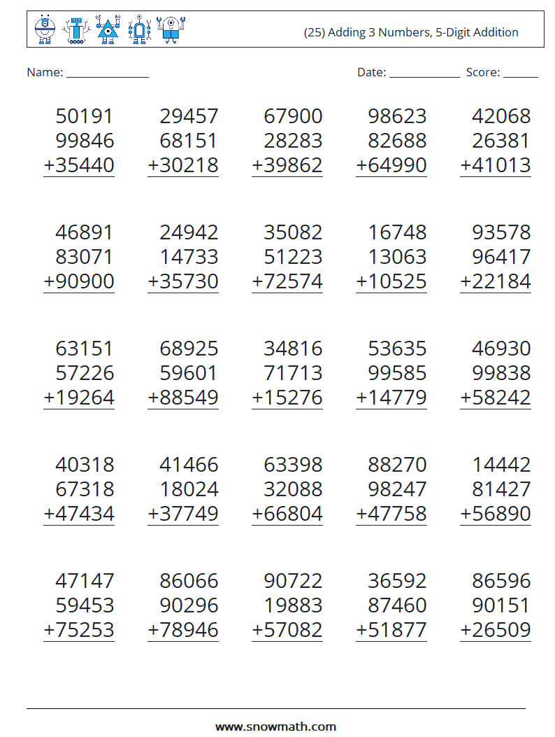 (25) Adding 3 Numbers, 5-Digit Addition Math Worksheets 13