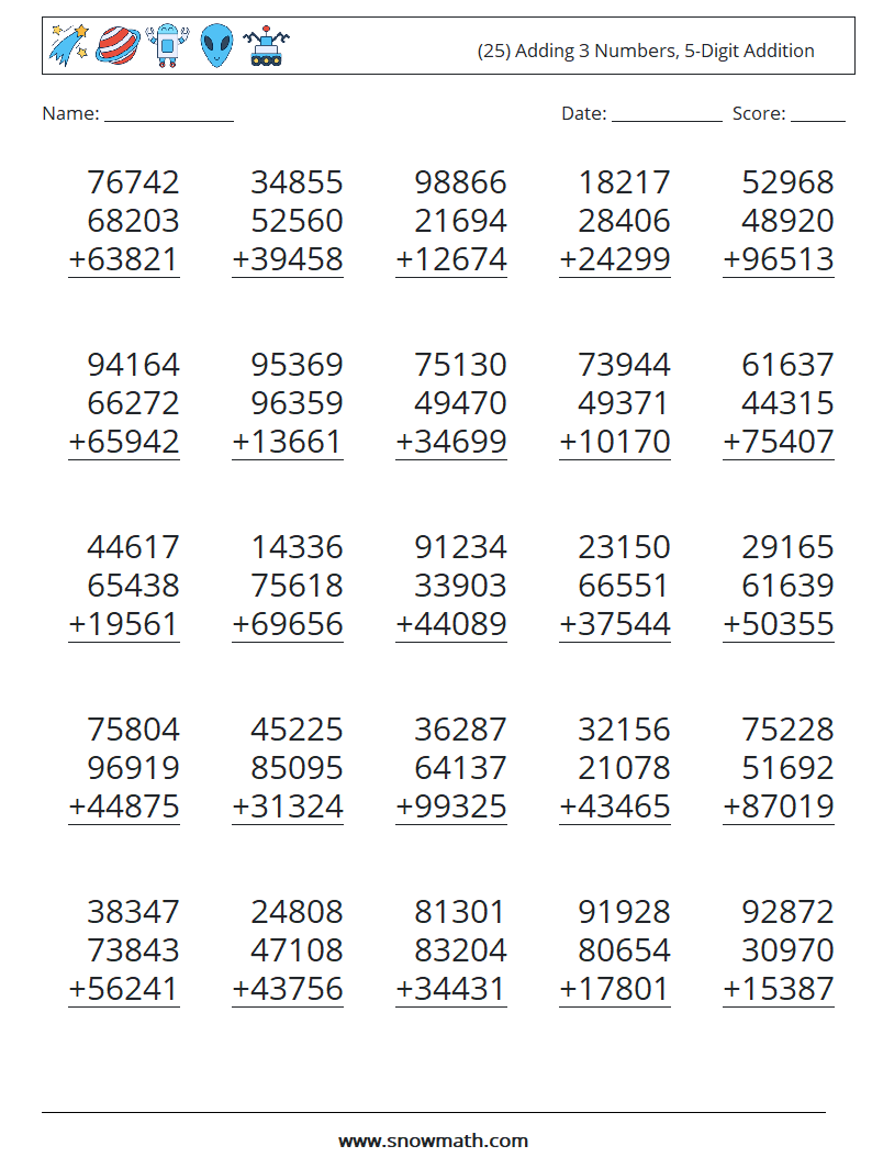(25) Adding 3 Numbers, 5-Digit Addition Math Worksheets 14