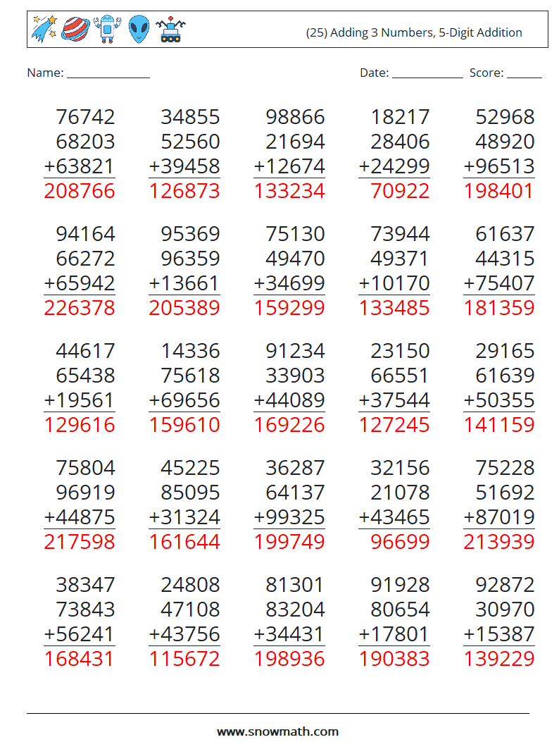 (25) Adding 3 Numbers, 5-Digit Addition Math Worksheets 14 Question, Answer