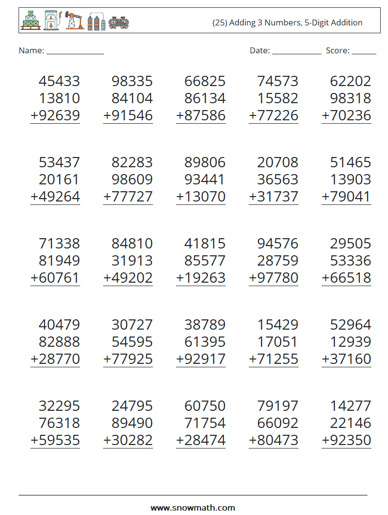 (25) Adding 3 Numbers, 5-Digit Addition Math Worksheets 15