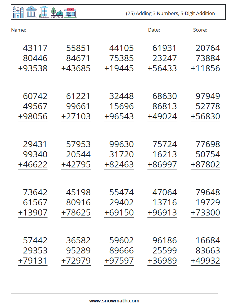 (25) Adding 3 Numbers, 5-Digit Addition Math Worksheets 16