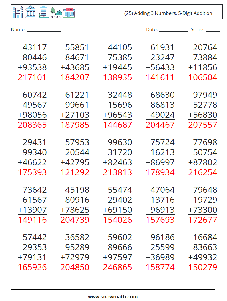 (25) Adding 3 Numbers, 5-Digit Addition Math Worksheets 16 Question, Answer