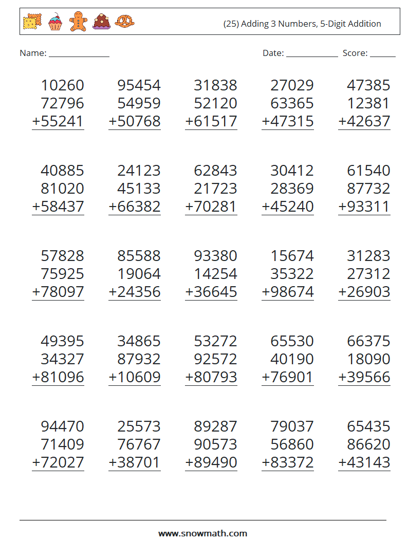 (25) Adding 3 Numbers, 5-Digit Addition Math Worksheets 17