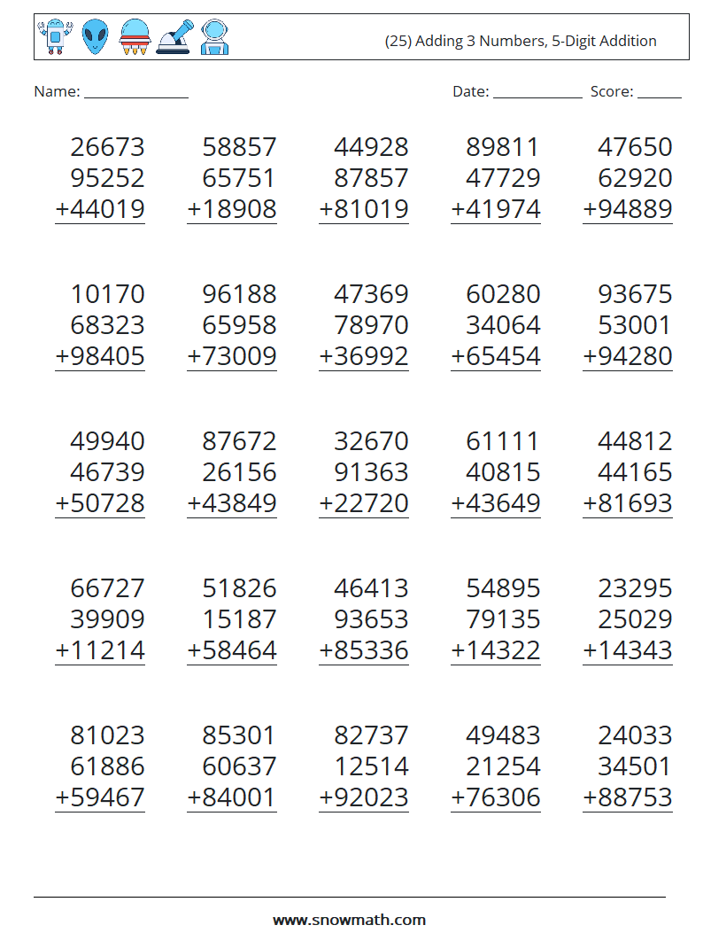 (25) Adding 3 Numbers, 5-Digit Addition Maths Worksheets 18