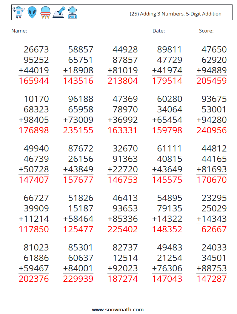 (25) Adding 3 Numbers, 5-Digit Addition Math Worksheets 18 Question, Answer