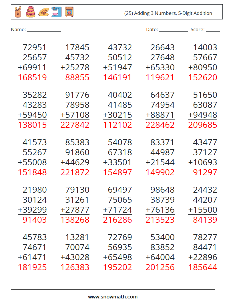 (25) Adding 3 Numbers, 5-Digit Addition Math Worksheets 2 Question, Answer