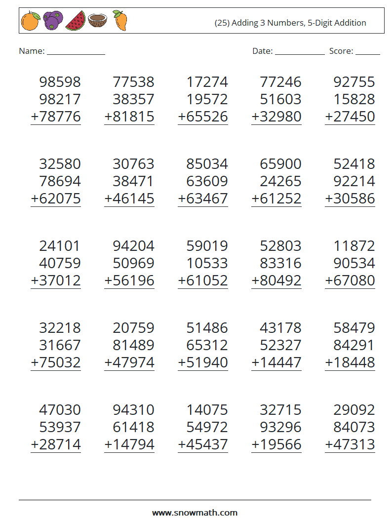 (25) Adding 3 Numbers, 5-Digit Addition Math Worksheets 3