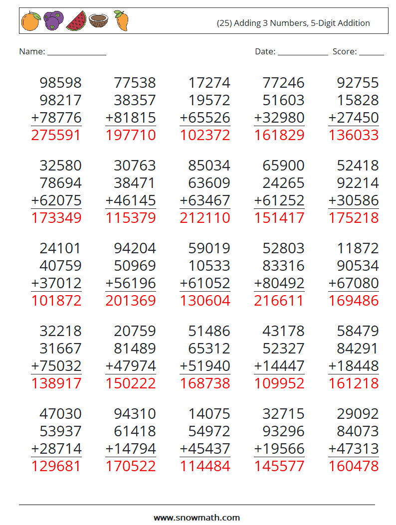(25) Adding 3 Numbers, 5-Digit Addition Math Worksheets 3 Question, Answer
