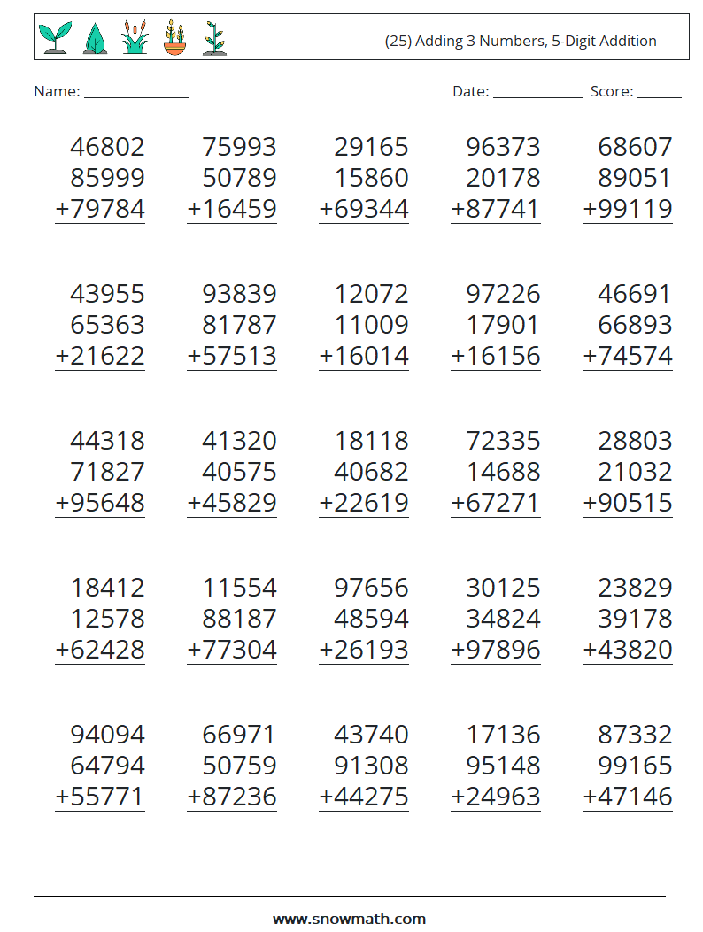 (25) Adding 3 Numbers, 5-Digit Addition Maths Worksheets 4