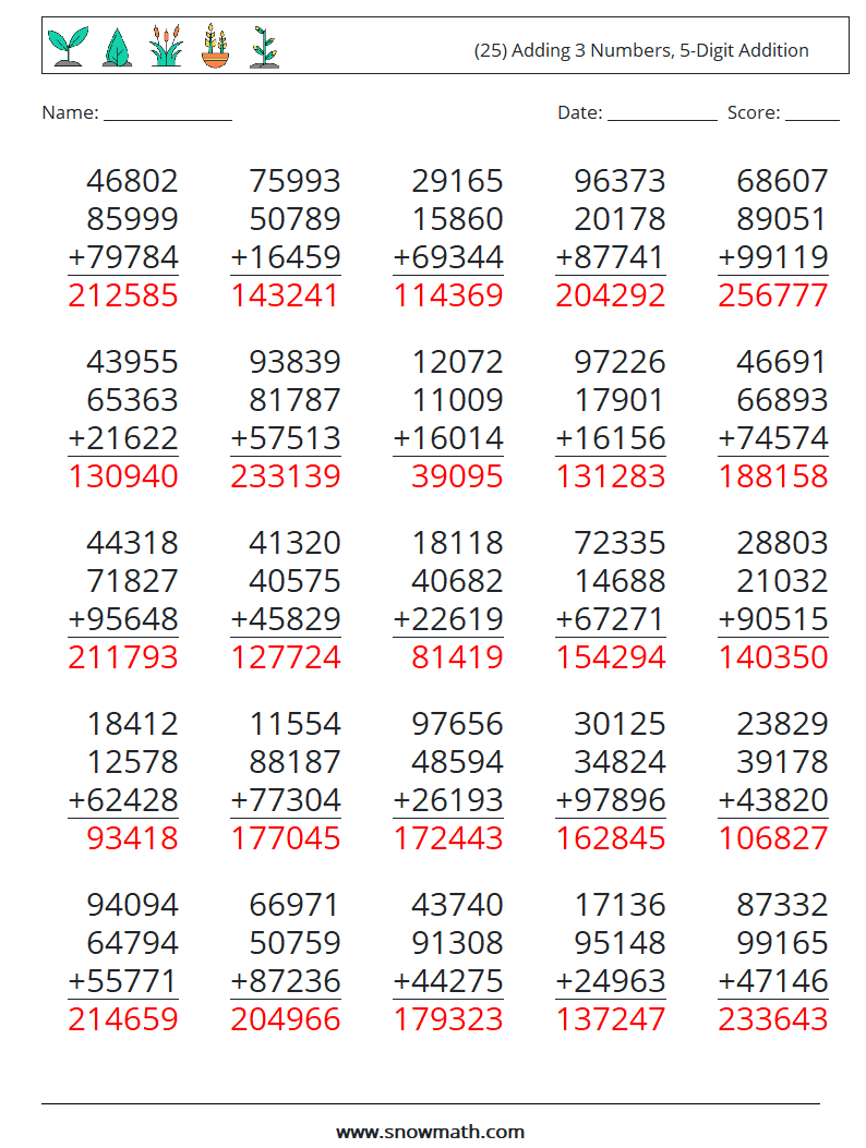 (25) Adding 3 Numbers, 5-Digit Addition Math Worksheets 4 Question, Answer