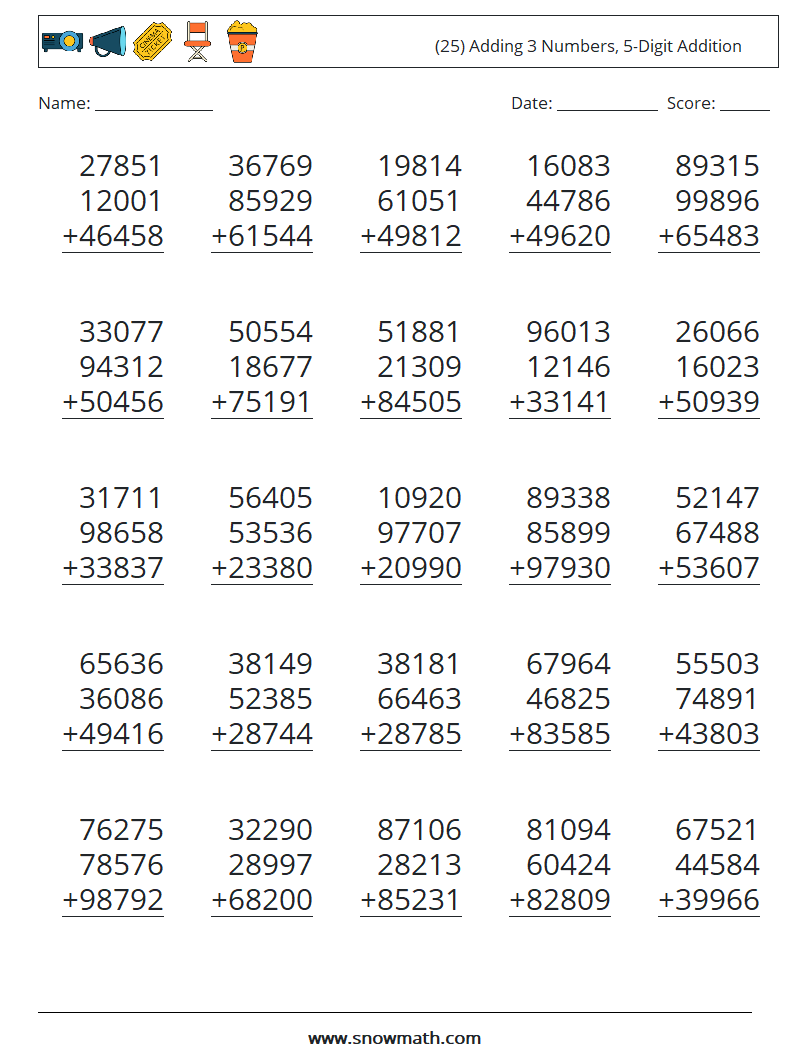 (25) Adding 3 Numbers, 5-Digit Addition Math Worksheets 5