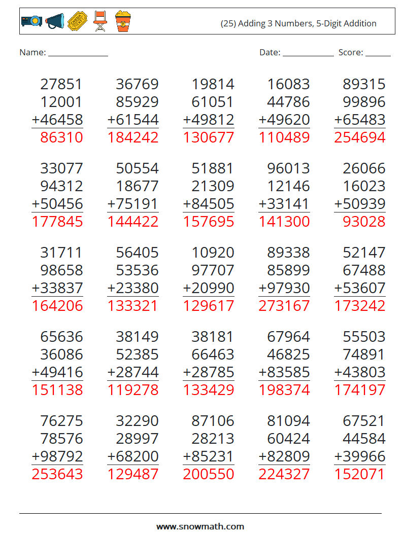 (25) Adding 3 Numbers, 5-Digit Addition Math Worksheets 5 Question, Answer