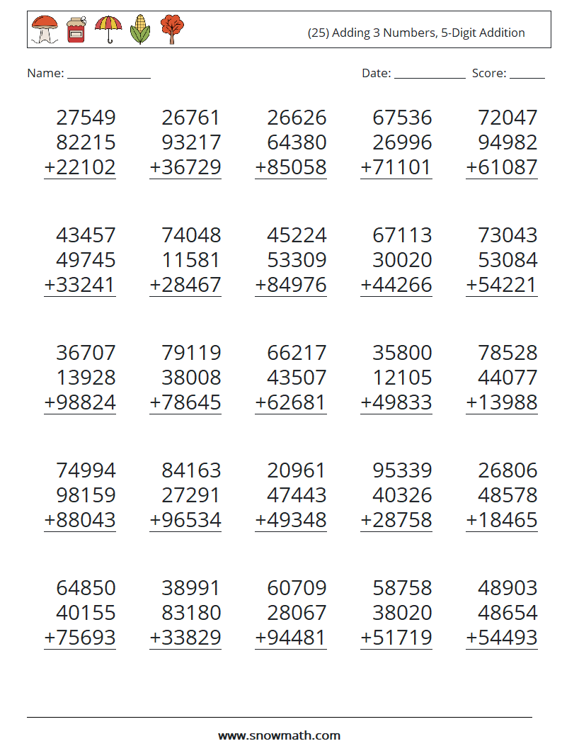 (25) Adding 3 Numbers, 5-Digit Addition Math Worksheets 6