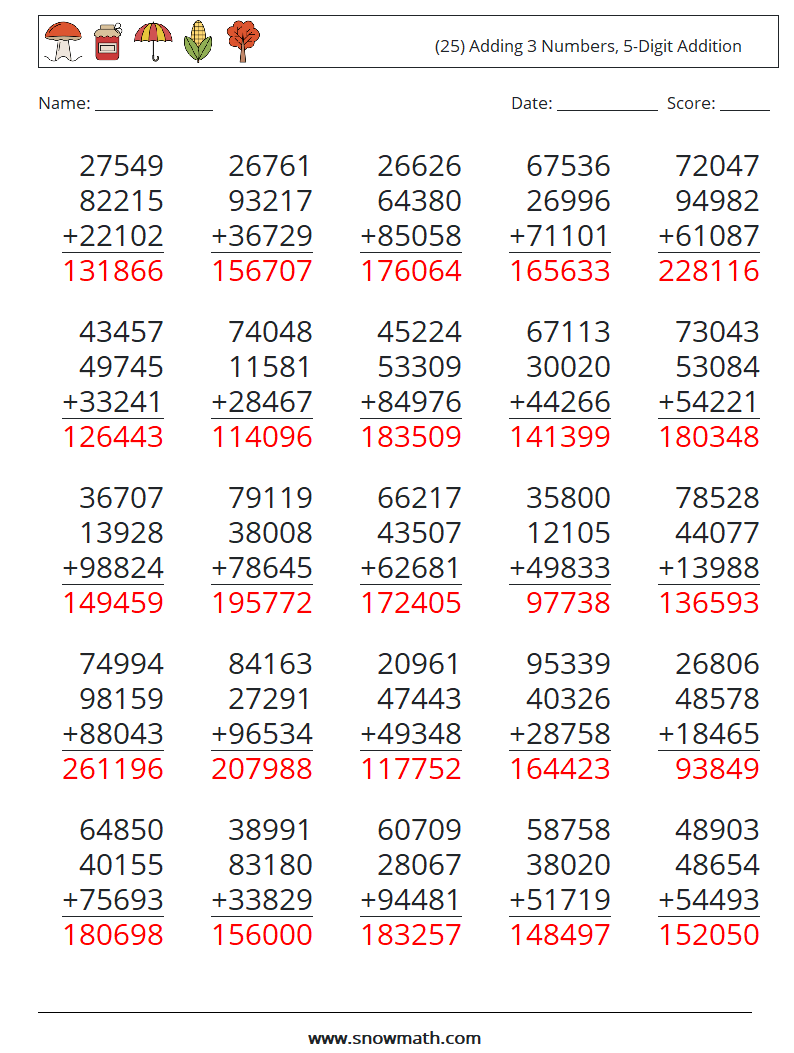(25) Adding 3 Numbers, 5-Digit Addition Math Worksheets 6 Question, Answer