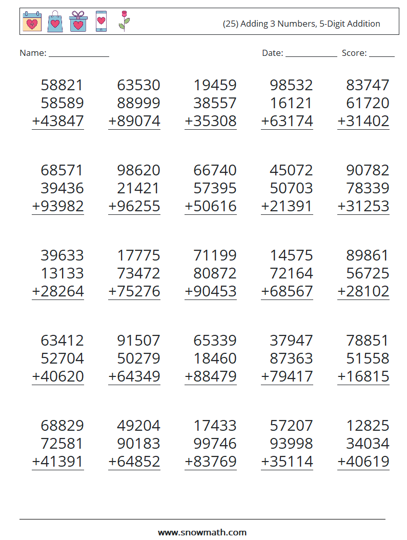 (25) Adding 3 Numbers, 5-Digit Addition Math Worksheets 7