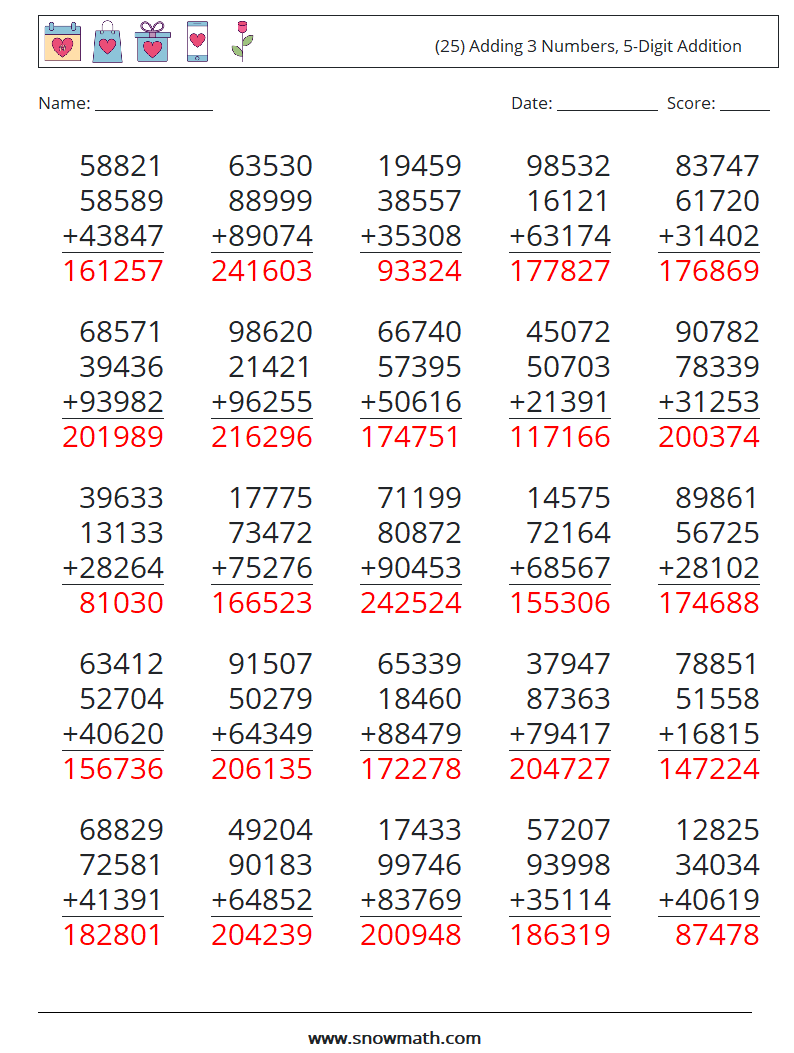 (25) Adding 3 Numbers, 5-Digit Addition Math Worksheets 7 Question, Answer