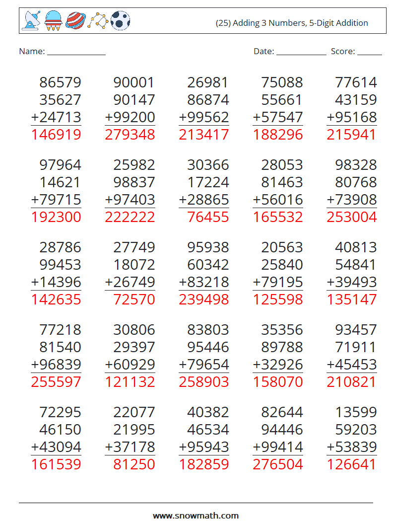 (25) Adding 3 Numbers, 5-Digit Addition Math Worksheets 8 Question, Answer