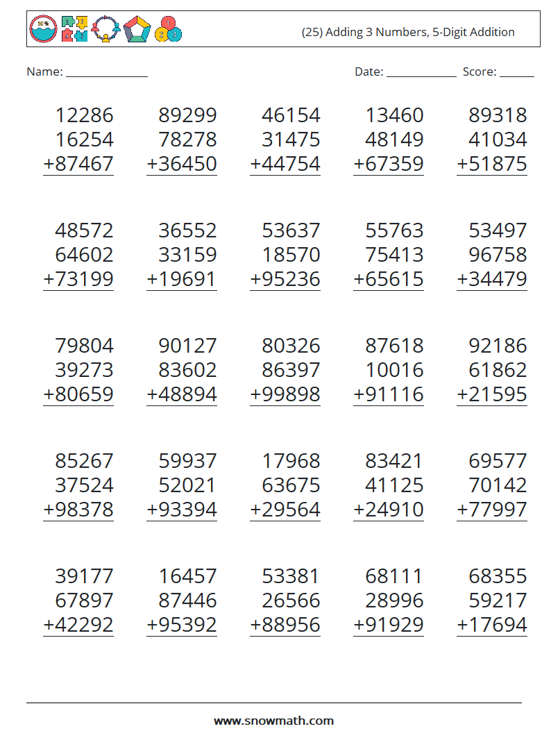 (25) Adding 3 Numbers, 5-Digit Addition Math Worksheets 9