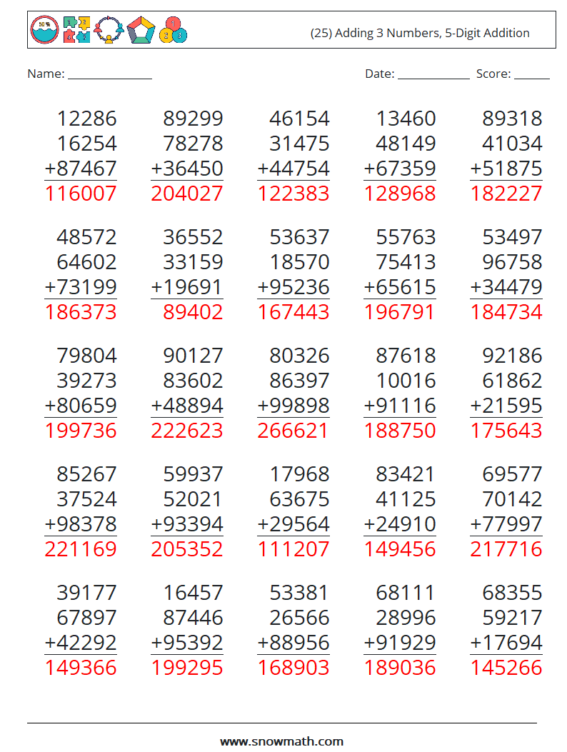 (25) Adding 3 Numbers, 5-Digit Addition Math Worksheets 9 Question, Answer