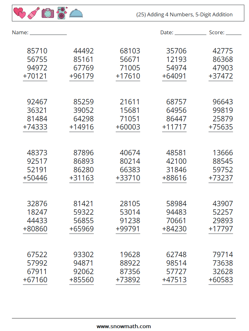 (25) Adding 4 Numbers, 5-Digit Addition Maths Worksheets 1