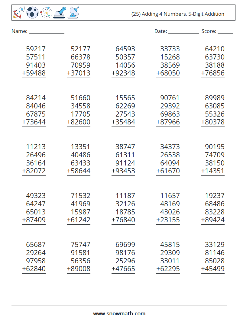 (25) Adding 4 Numbers, 5-Digit Addition Maths Worksheets 10