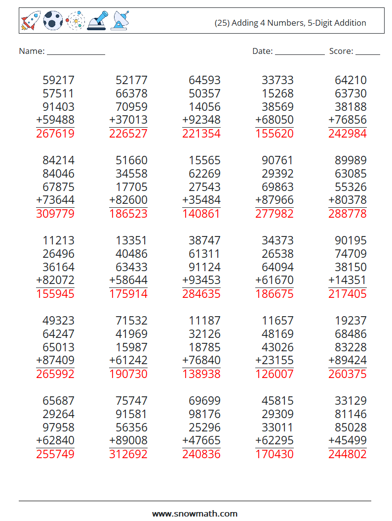 (25) Adding 4 Numbers, 5-Digit Addition Math Worksheets 10 Question, Answer