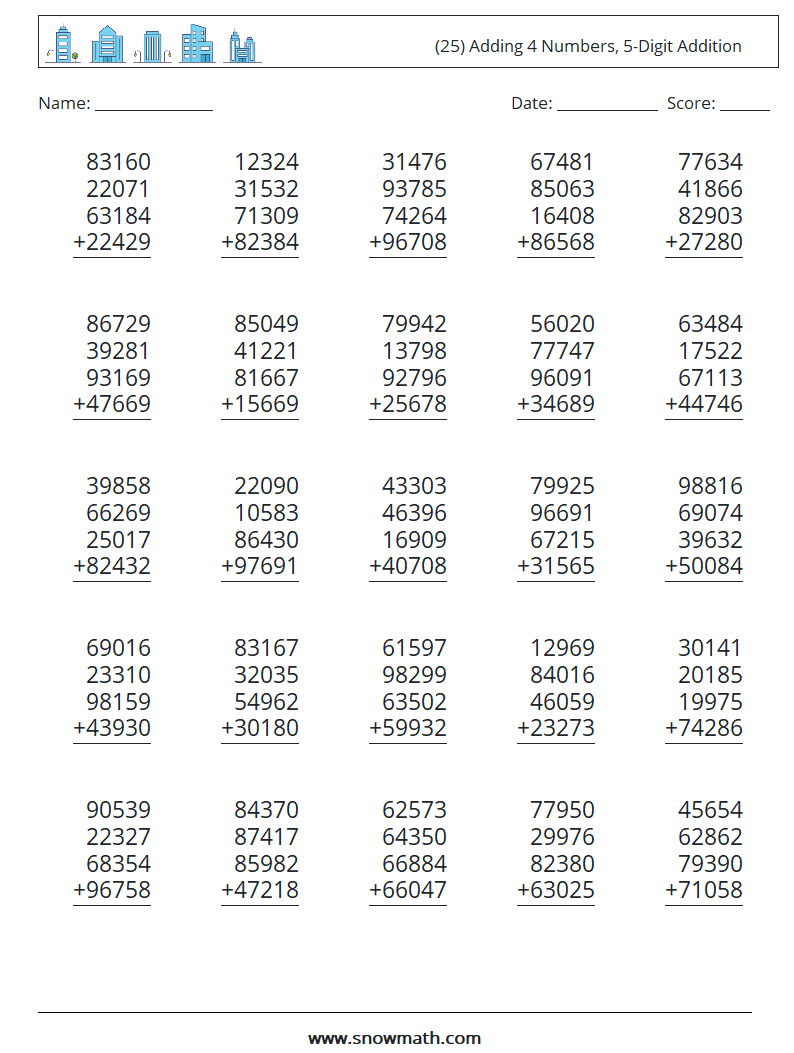 (25) Adding 4 Numbers, 5-Digit Addition Math Worksheets 11