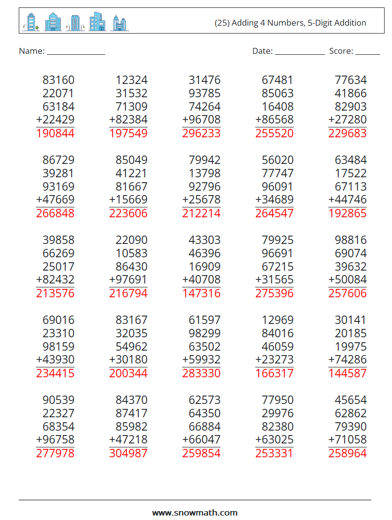 (25) Adding 4 Numbers, 5-Digit Addition Math Worksheets 11 Question, Answer