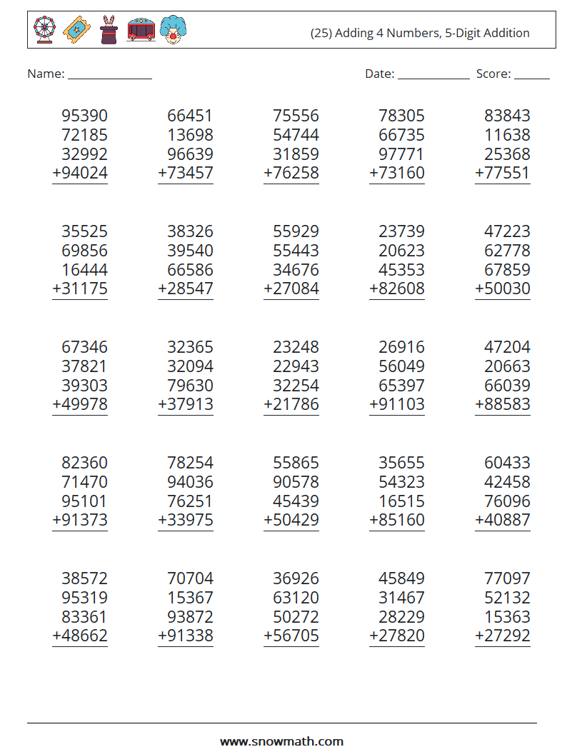 (25) Adding 4 Numbers, 5-Digit Addition Maths Worksheets 12