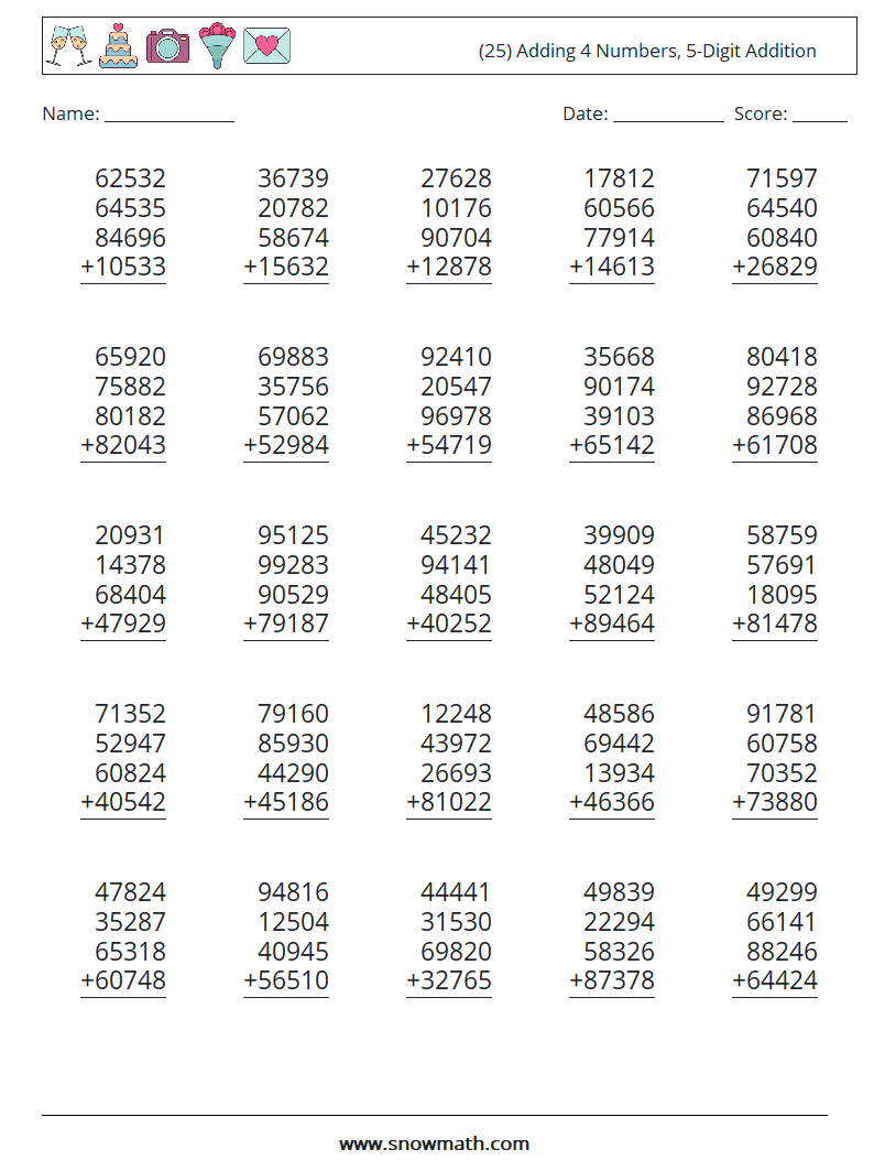 (25) Adding 4 Numbers, 5-Digit Addition Maths Worksheets 13