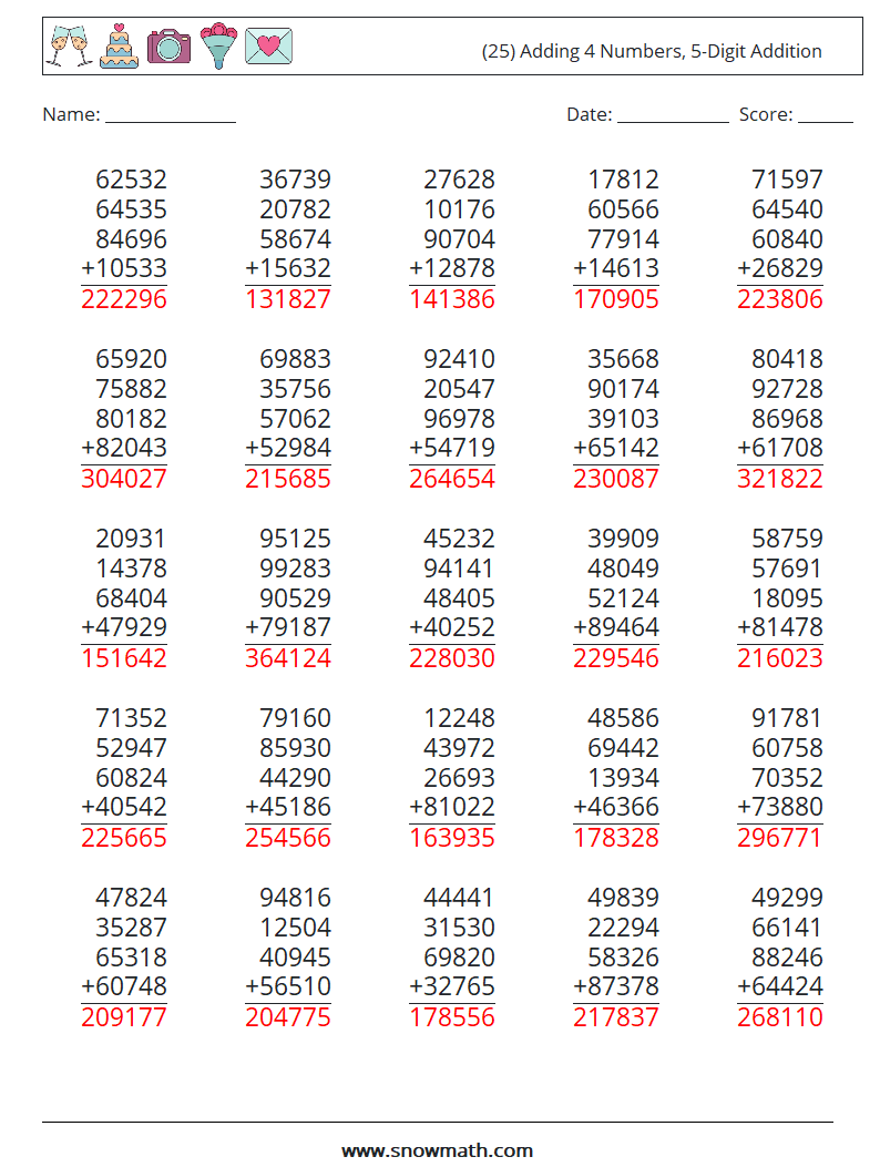 (25) Adding 4 Numbers, 5-Digit Addition Math Worksheets 13 Question, Answer