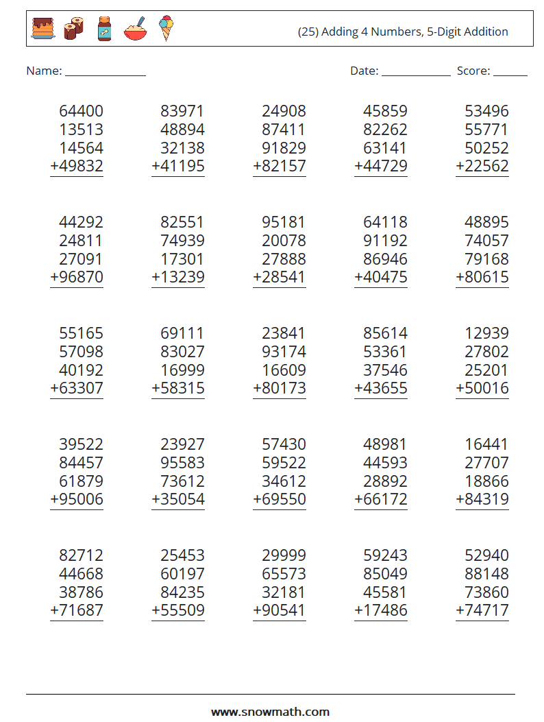 (25) Adding 4 Numbers, 5-Digit Addition Maths Worksheets 14