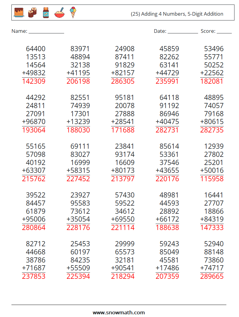 (25) Adding 4 Numbers, 5-Digit Addition Math Worksheets 14 Question, Answer