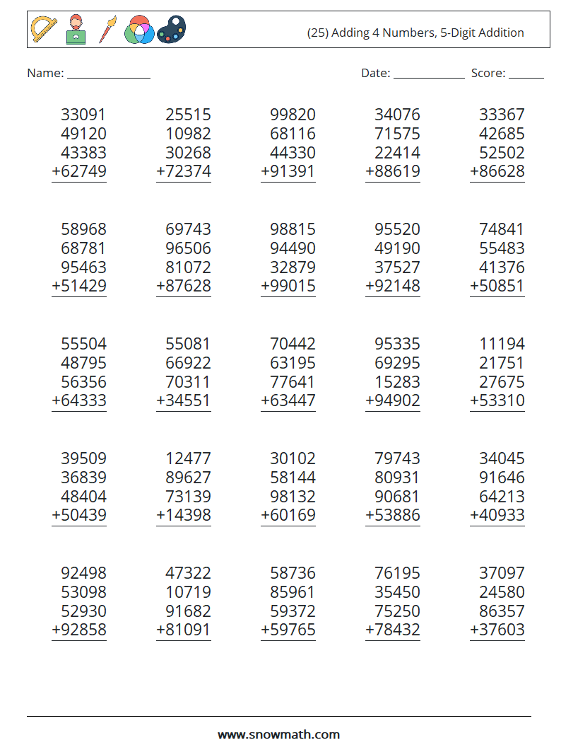 (25) Adding 4 Numbers, 5-Digit Addition Maths Worksheets 15