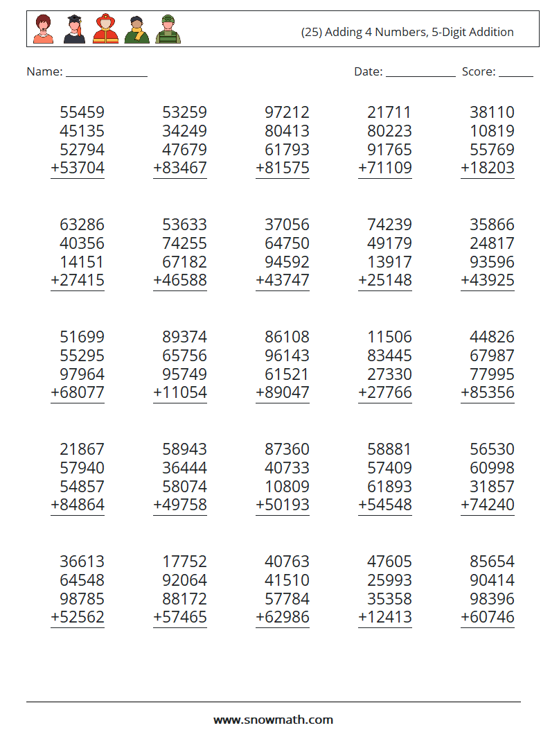 (25) Adding 4 Numbers, 5-Digit Addition Maths Worksheets 16