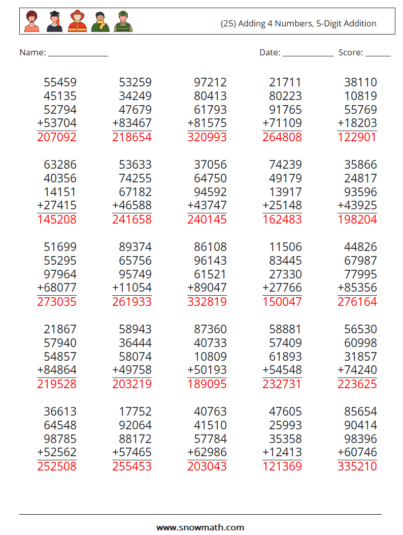 (25) Adding 4 Numbers, 5-Digit Addition Math Worksheets 16 Question, Answer