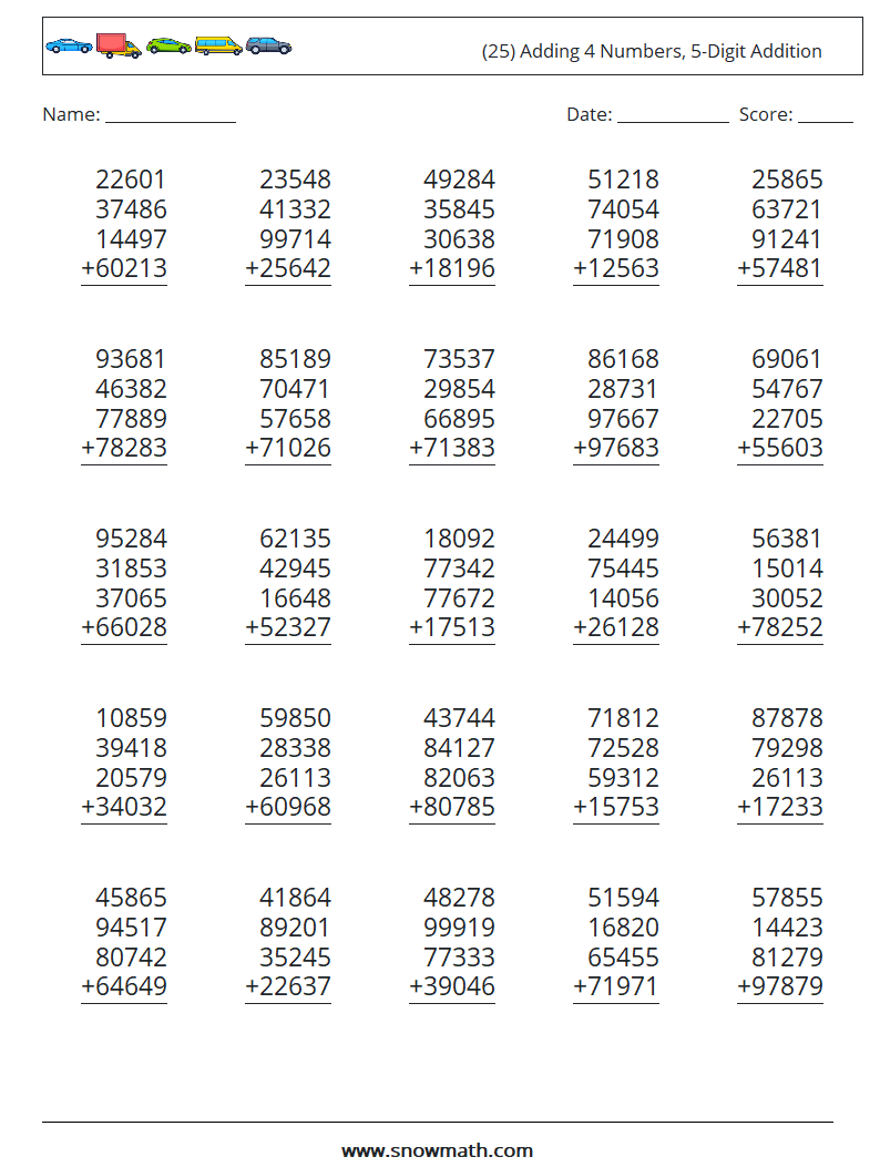 (25) Adding 4 Numbers, 5-Digit Addition Maths Worksheets 17