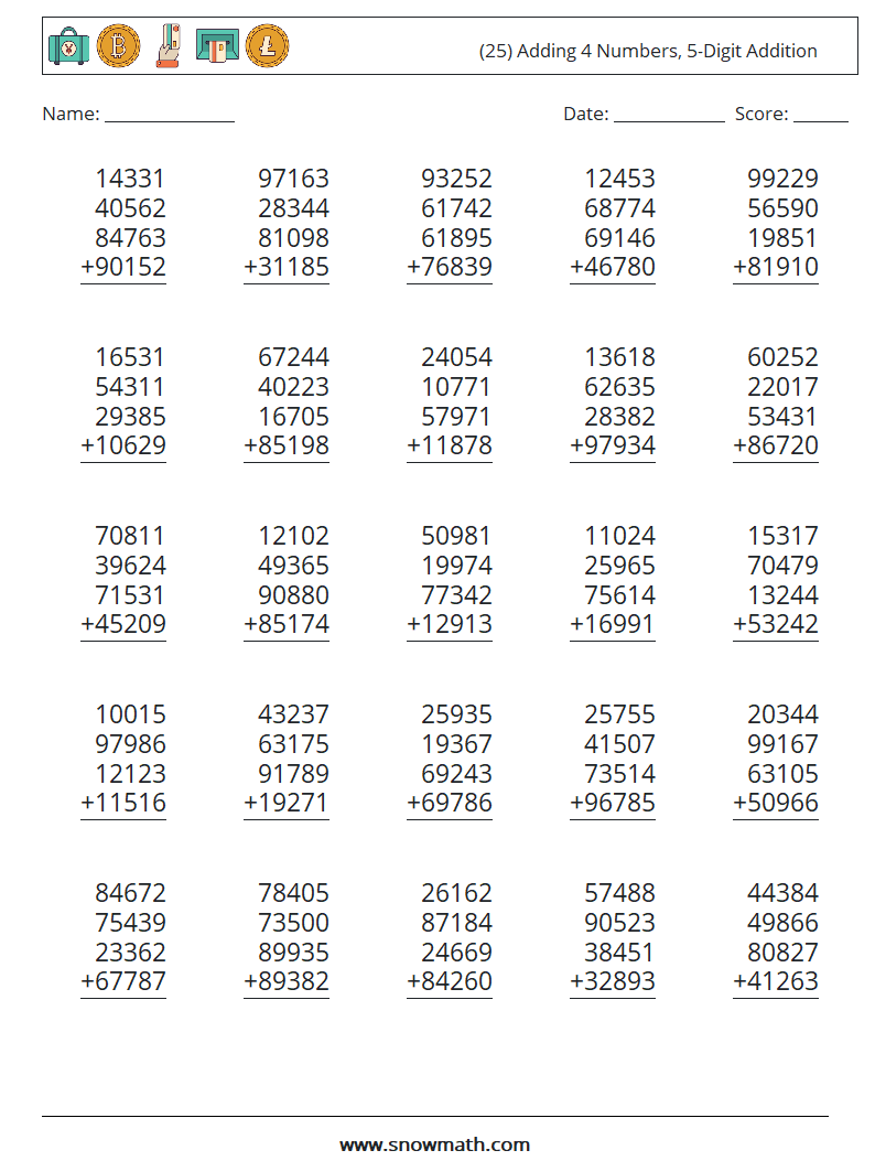 (25) Adding 4 Numbers, 5-Digit Addition Maths Worksheets 18