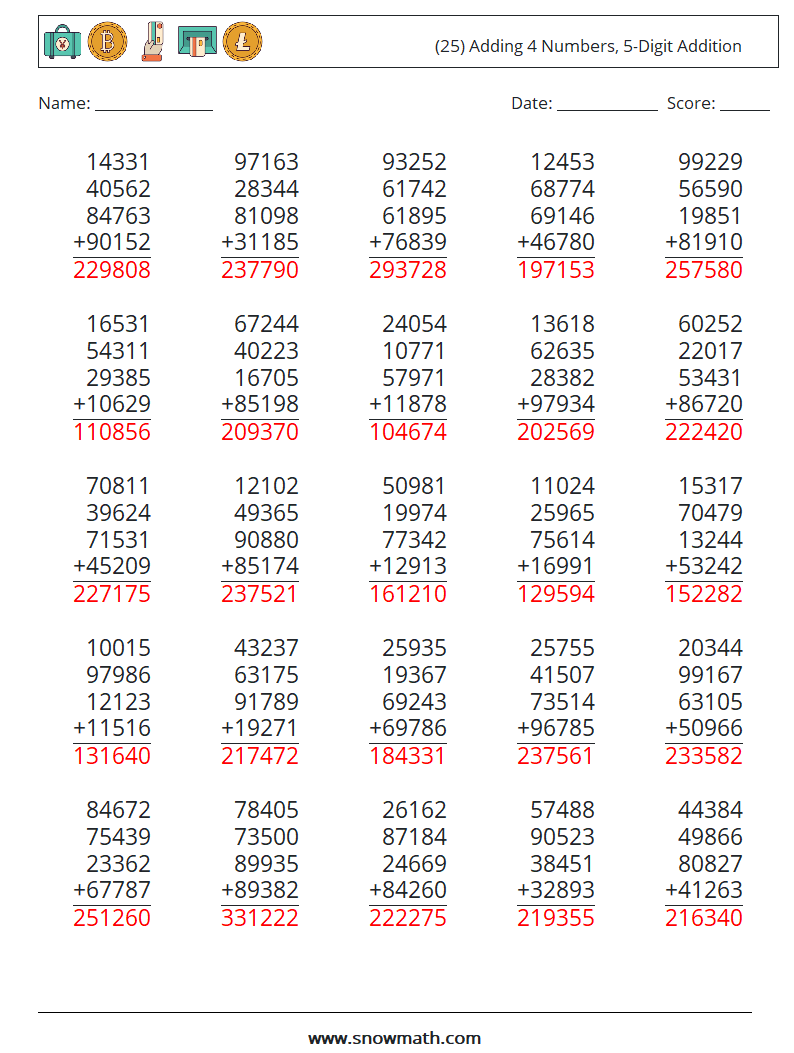 (25) Adding 4 Numbers, 5-Digit Addition Math Worksheets 18 Question, Answer