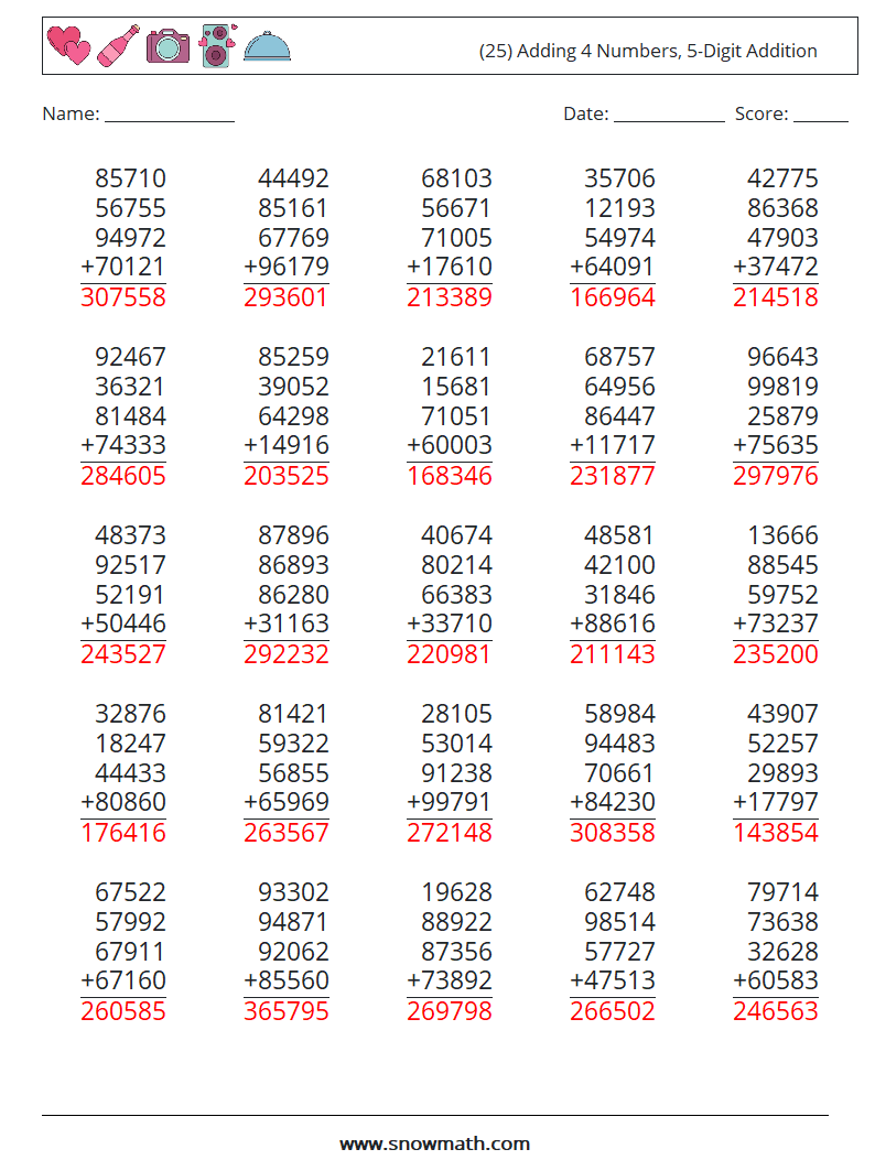 (25) Adding 4 Numbers, 5-Digit Addition Math Worksheets 1 Question, Answer