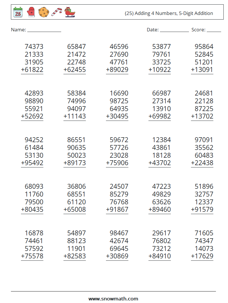 (25) Adding 4 Numbers, 5-Digit Addition Math Worksheets 2