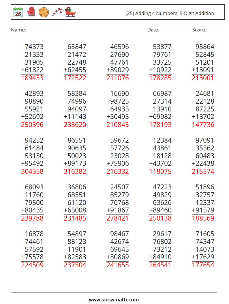 (25) Adding 4 Numbers, 5-Digit Addition Math Worksheets 2 Question, Answer