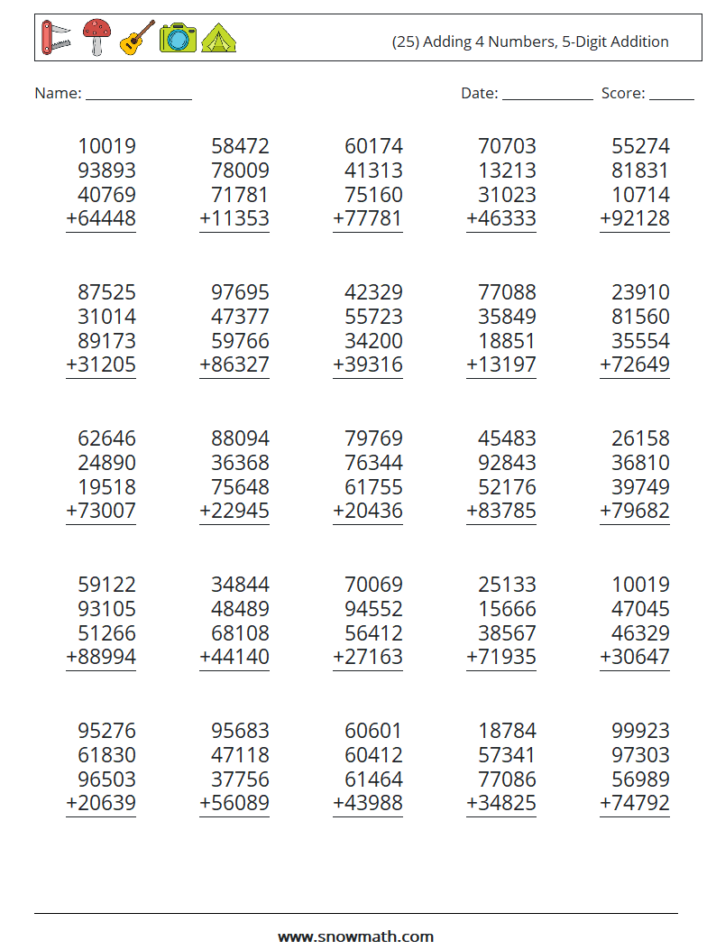 (25) Adding 4 Numbers, 5-Digit Addition Math Worksheets 3