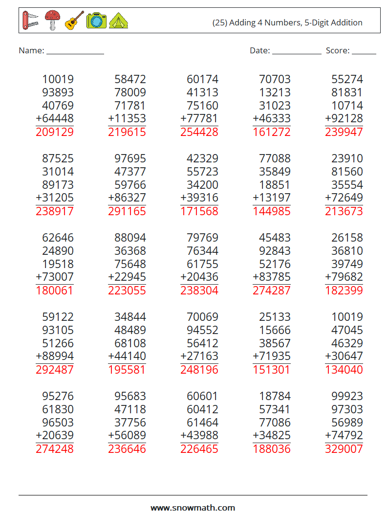 (25) Adding 4 Numbers, 5-Digit Addition Math Worksheets 3 Question, Answer