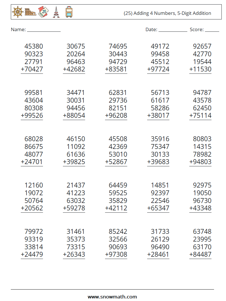 (25) Adding 4 Numbers, 5-Digit Addition Maths Worksheets 4