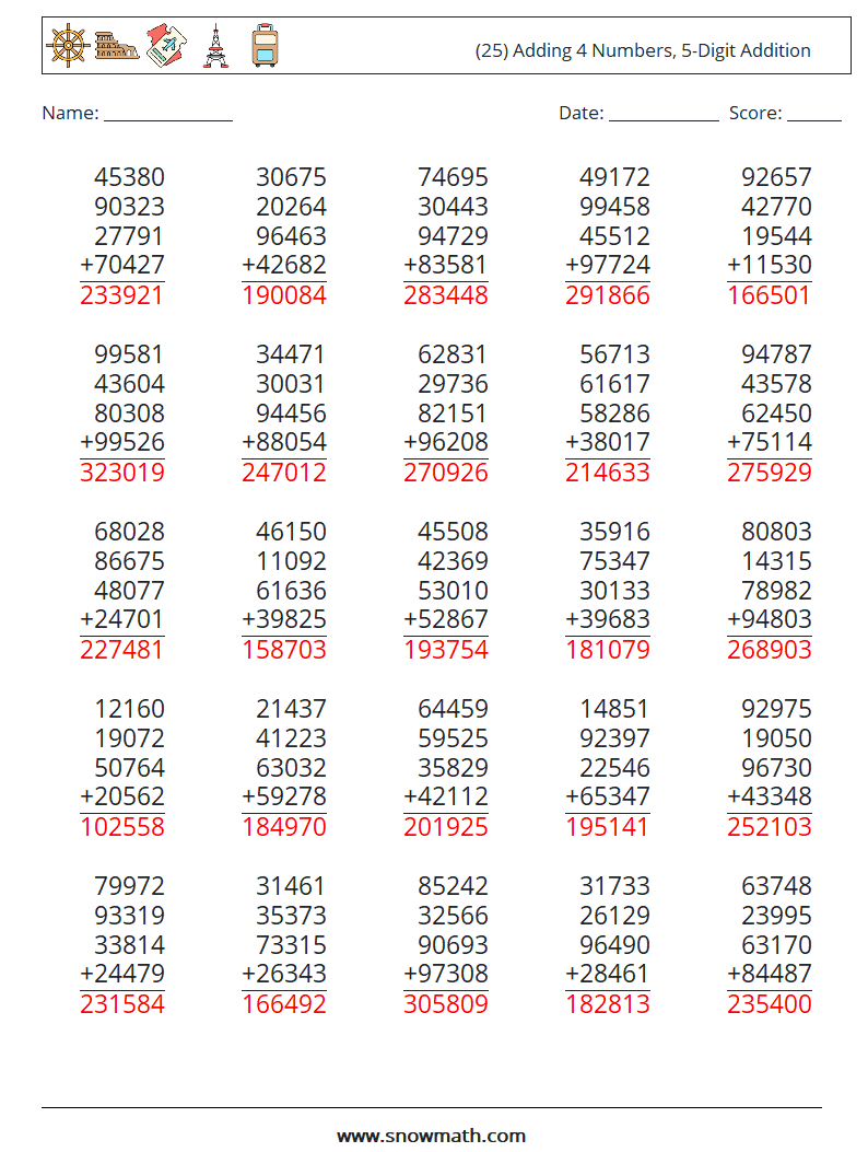 (25) Adding 4 Numbers, 5-Digit Addition Math Worksheets 4 Question, Answer