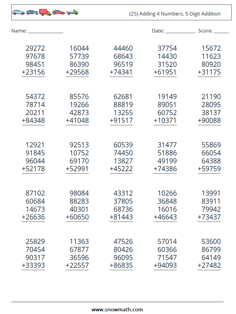 (25) Adding 4 Numbers, 5-Digit Addition Maths Worksheets 5